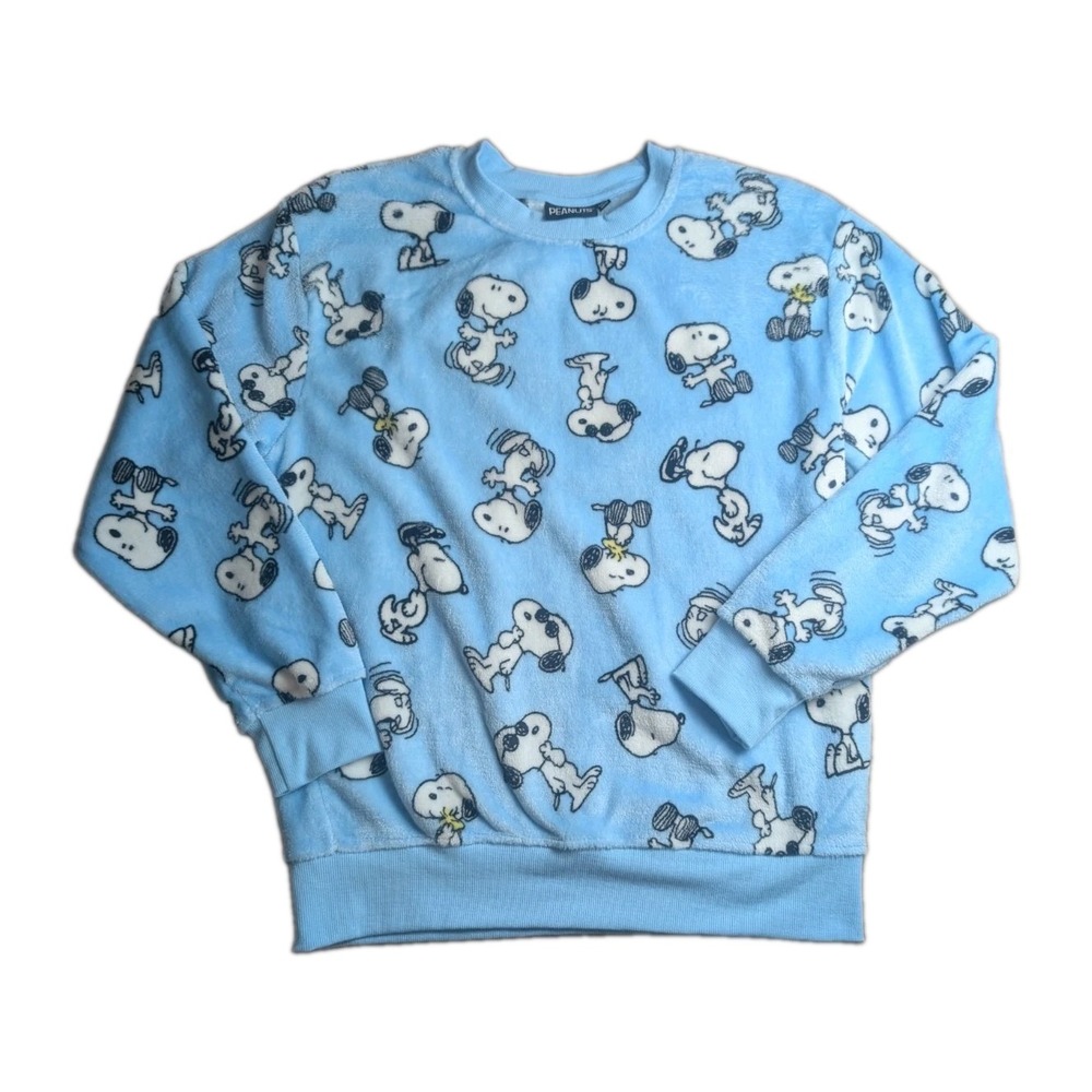 Peanuts Snoopy Woodstock Fleece Sweatshirt Blue Plush All Over Print Size M
